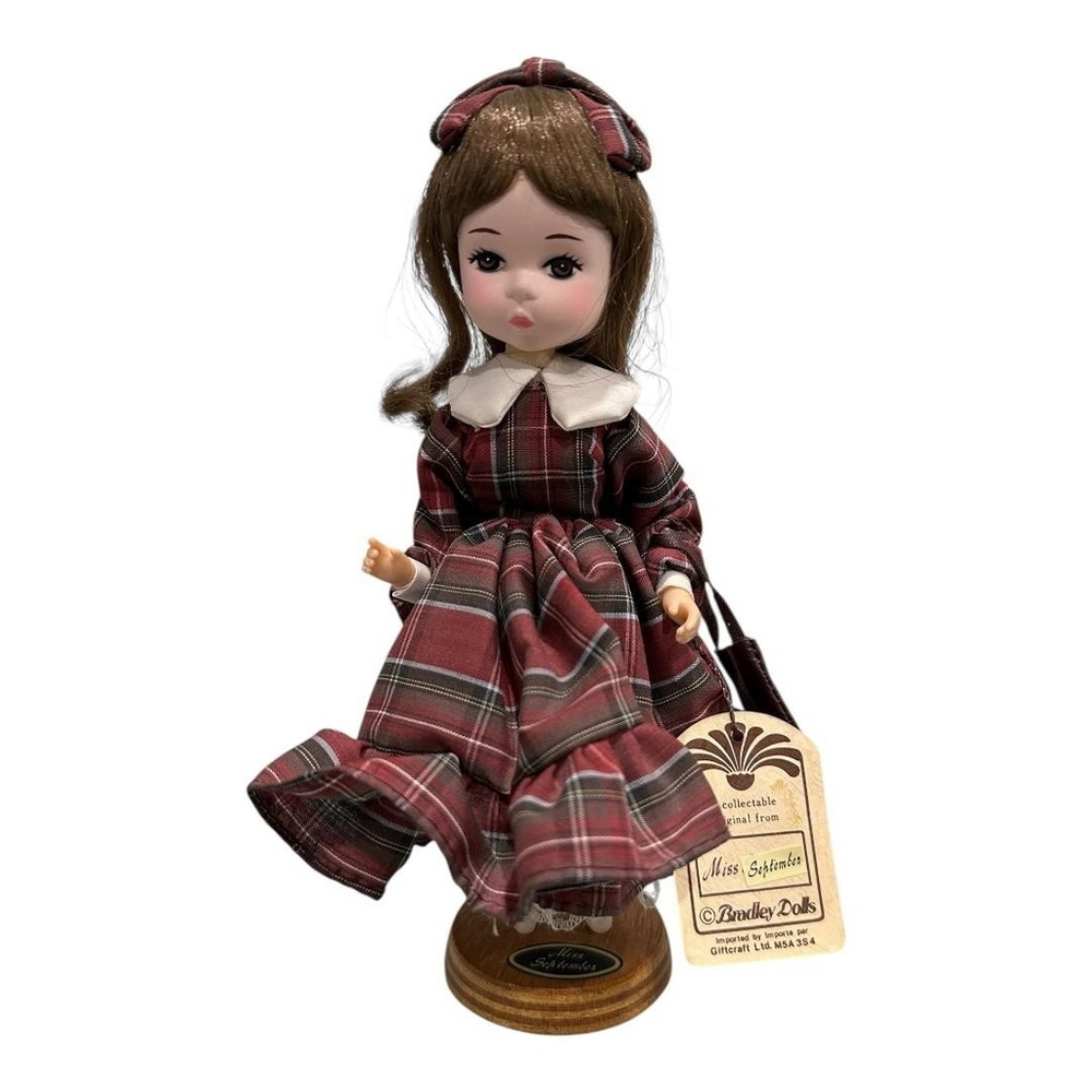 Vintage Bradley Dolls Miss September Girl Doll Stand Plaid Dress Giftcraft Korea